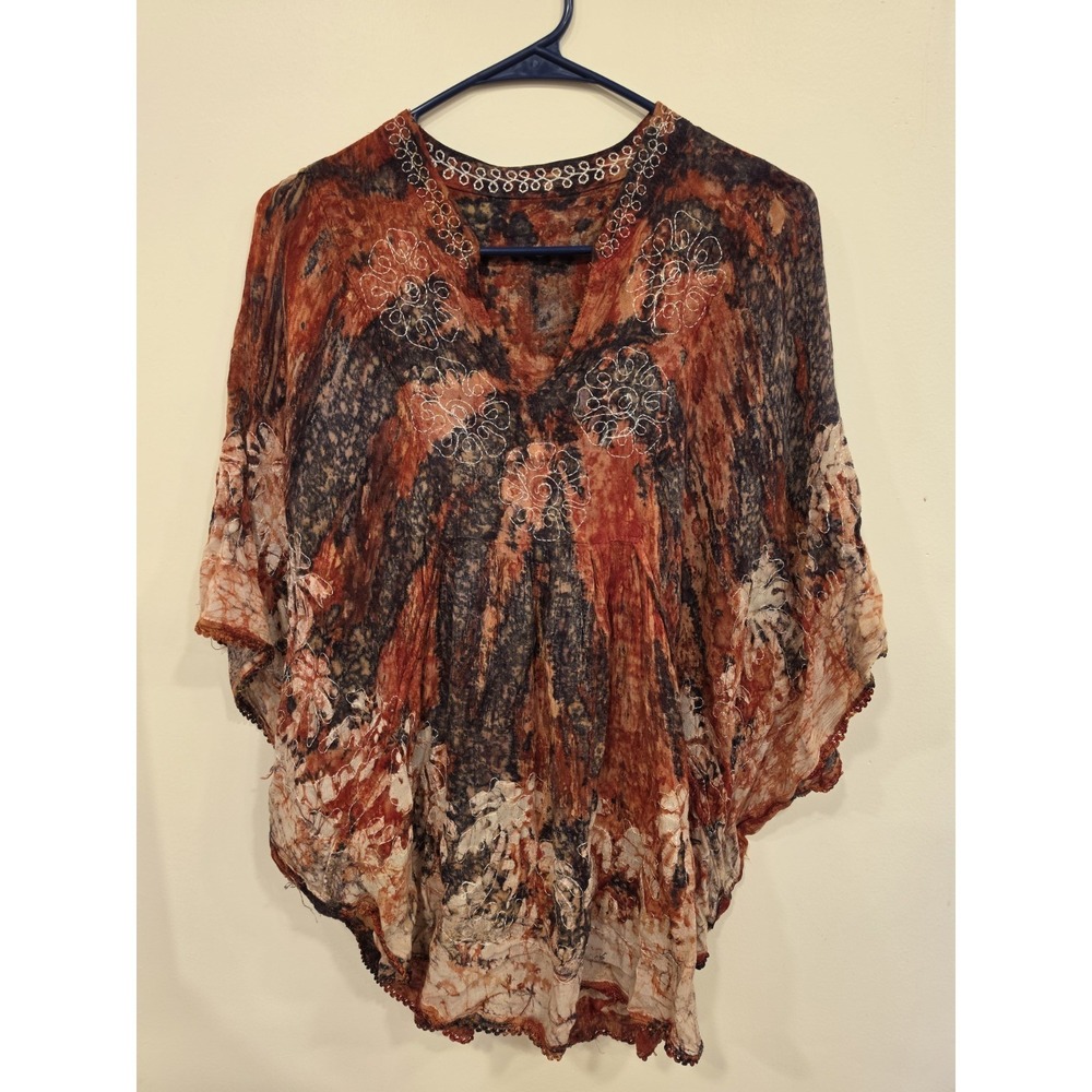 Hippie Boho Embroidered Batwing Poncho Blouse Tie Dye One Size Gypsy Style